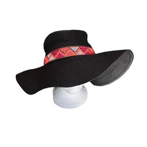 Black wide rim floppy beach hat with bright orange aztec print‎ RN# 52469